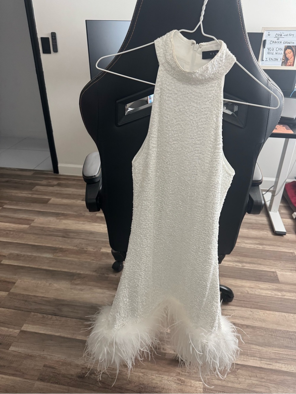 Club L London White Textured Feather-Trim Dress